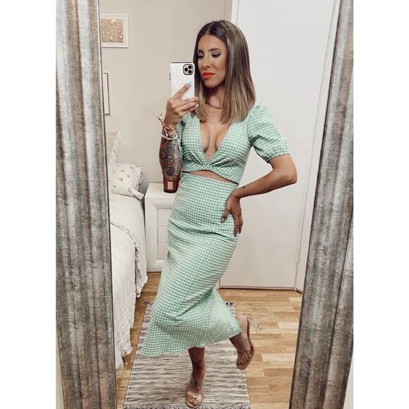 NWT Zara Gingham Cut Out Front Midi Dress in Green Women’s Size XS - Picture 4 of 10